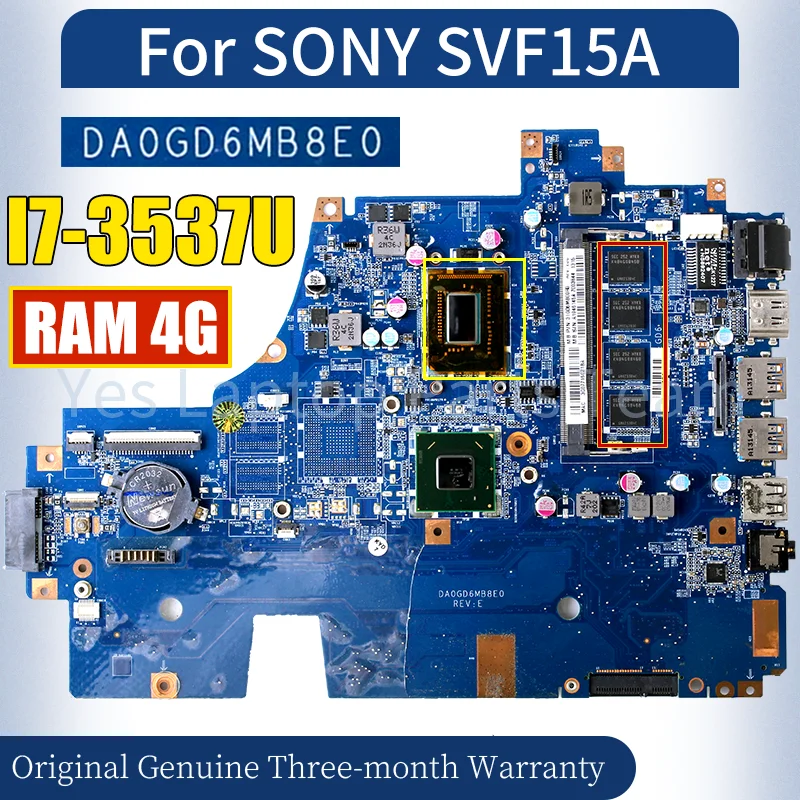 DA0GD6MB8E0 For SONY SVF15A Laptop Mainboard I7-3537U SR0XG 4G RAM A1946145A Notebook Motherboard 100％ Tested