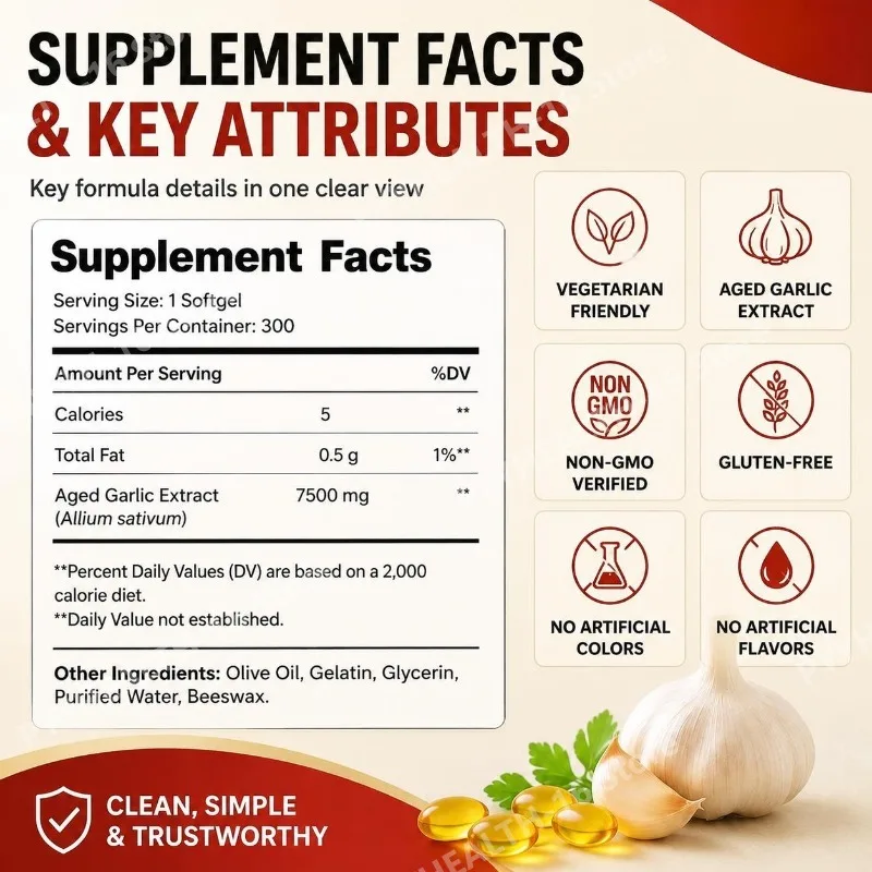 Aged Garlic Extract Softgels Odorless Non-GMO Soy-Free Supports Circulation Balance Antioxidant-Rich Daily Formula 300 Softgels