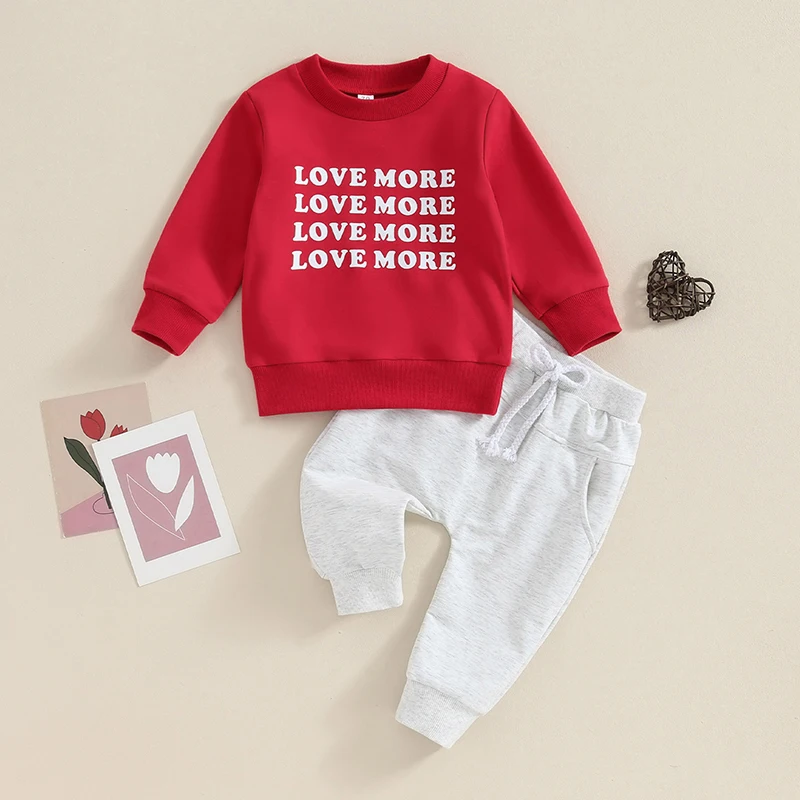 

Toddler Baby Girl Boy Valentine's Day Clothes Letter Print Long Sleeve Sweatshirt Solid Color Pants 2 Pcs Tracksuit Outfit