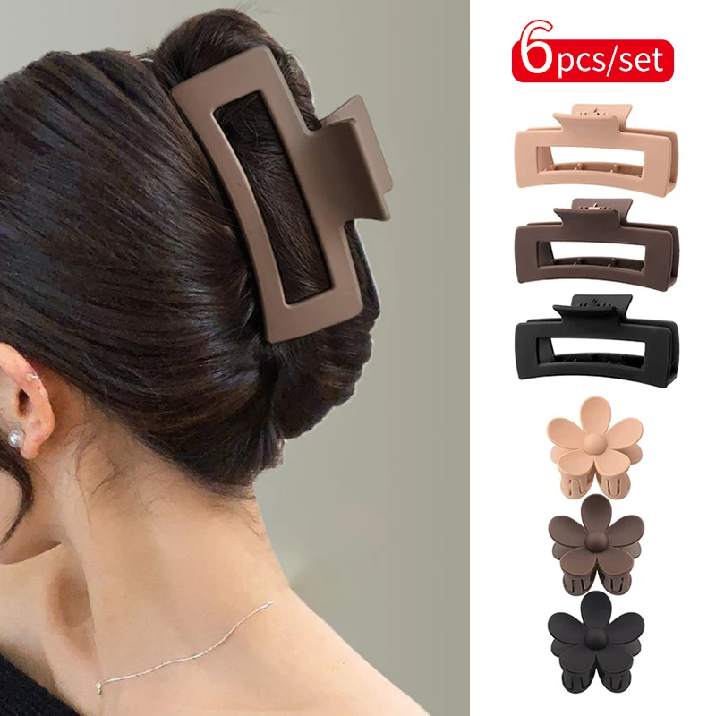 

6 Pcs Set of Fashionable Retro Frosted Hair Clips Large Rectangle Hair Claw Clip Flower Shaped Hair Clips