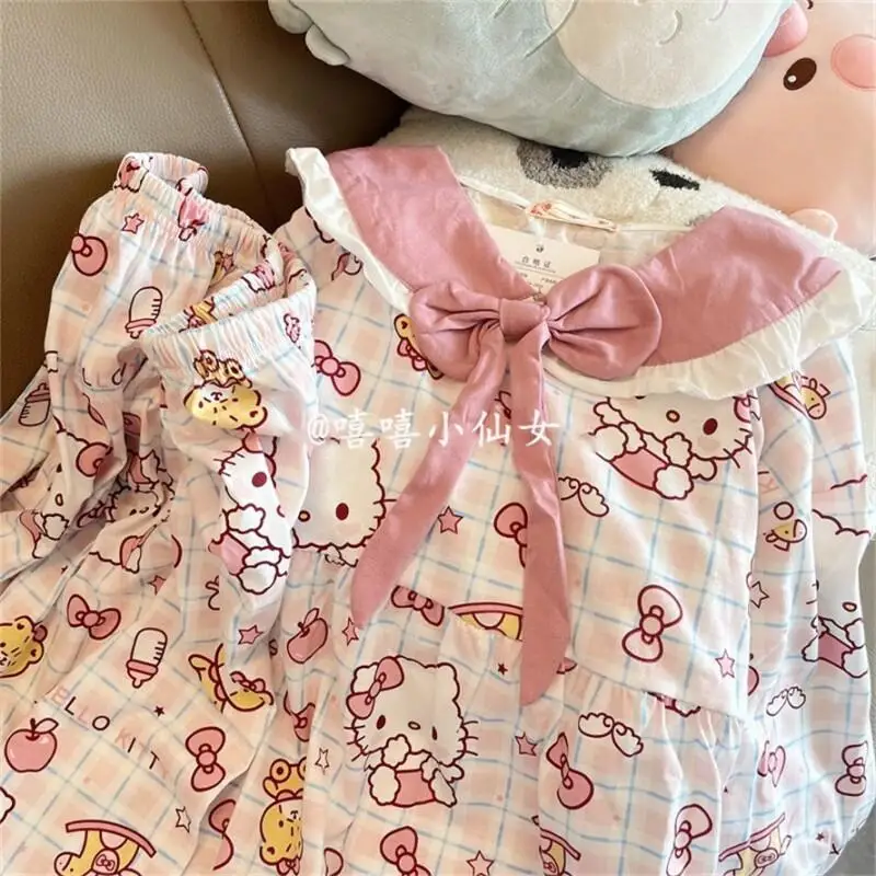 Conjunto de ropa para el hogar para estudiantes, pijamas KT con lazo dulce y bonito para primavera y otoño, ropa de abrigo Sanrio para niñas, sudaderas de Hello Kitty para mujeres