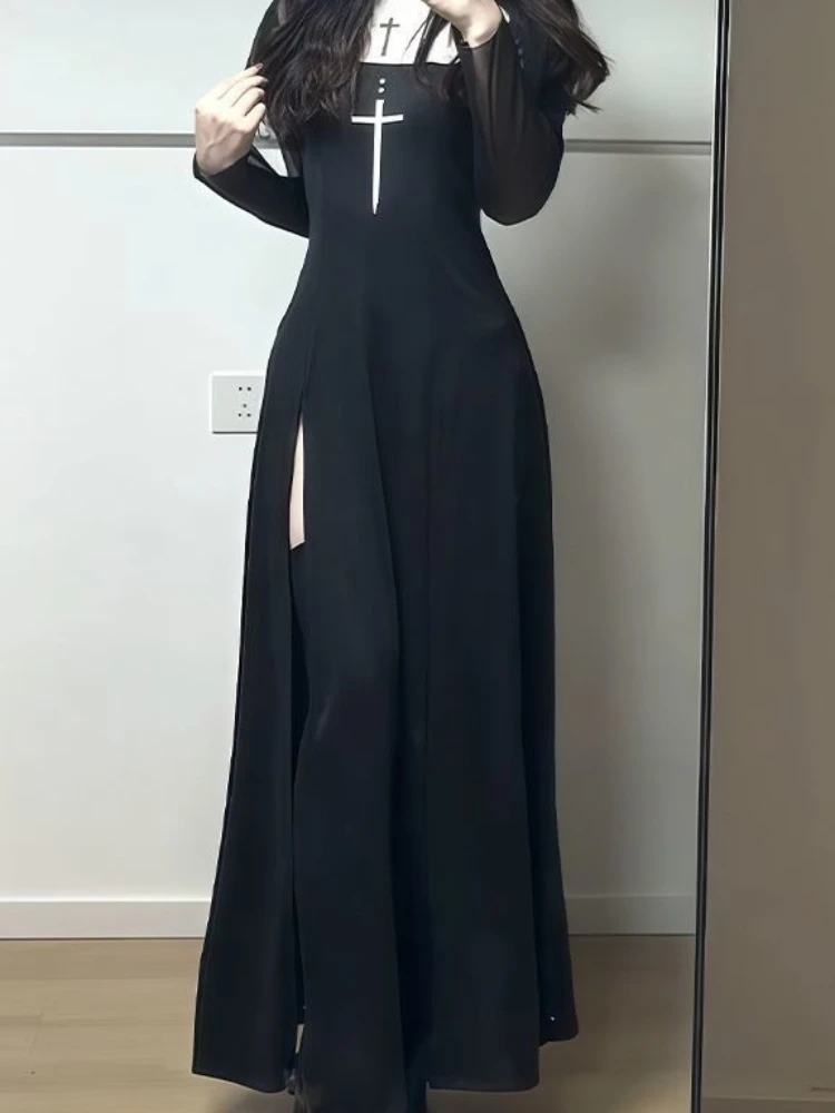 Harajuku القوطية الجرونج Y2k فساتين الدانتيل النساء 2000s الجمالية مثير سليم فستان الحفلات الكورية تصميم الأزياء فستان أسود طويل للحفلات الراقصة