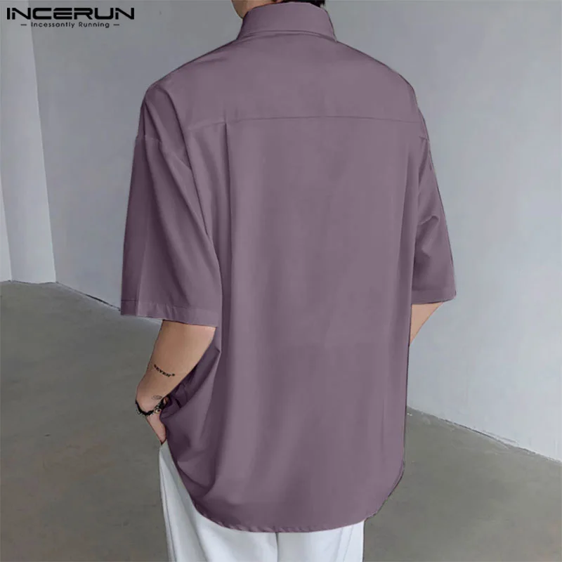 INCERUN Men Irregular Shirts Solid Color Lapel Short Sleeve 2024 Casual Men Clothing Streetwear Summer Fashion Male Shirts S-3XL