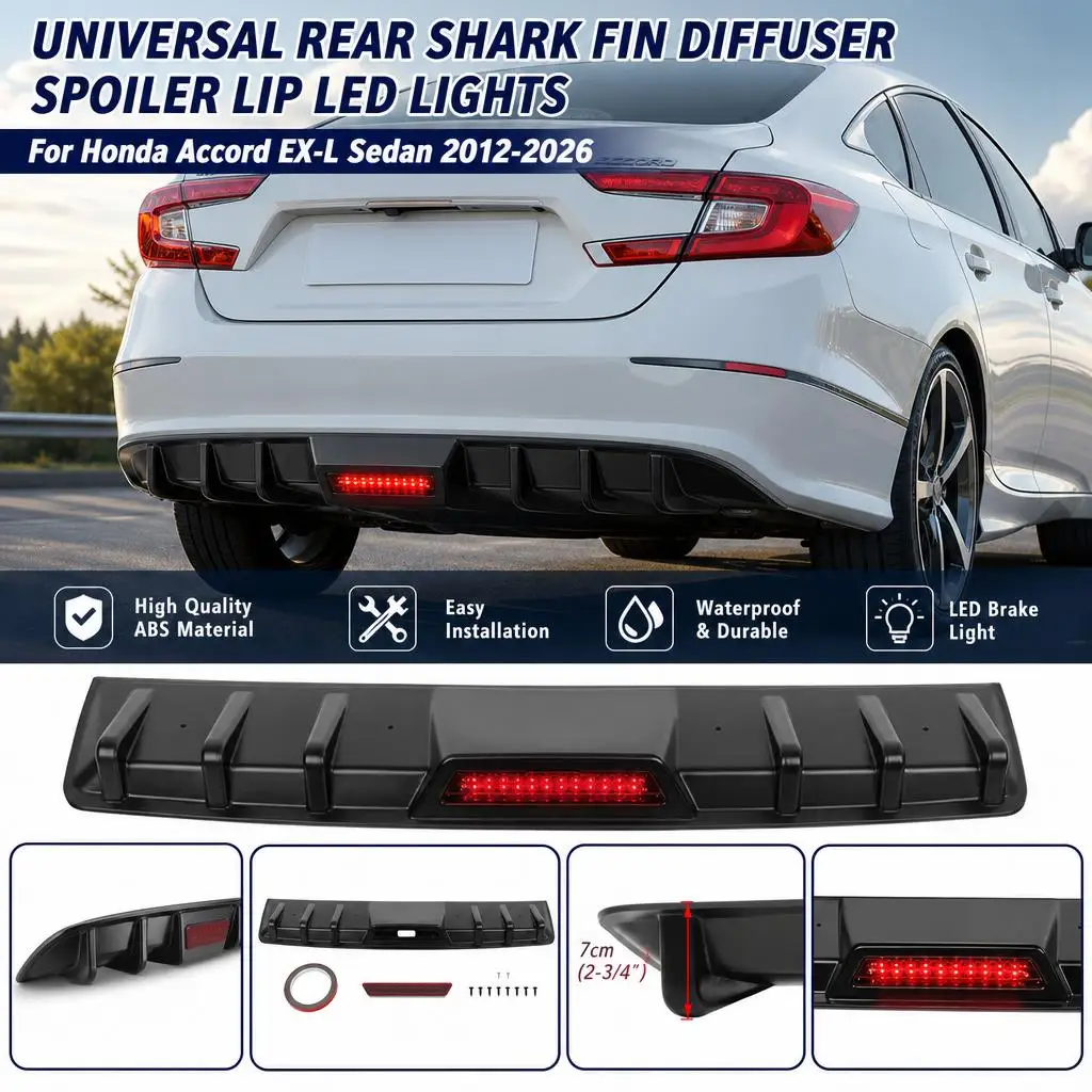 Universal Rear Shark Fin Diffuser Bumper Spoiler Lip LED Lights For Honda Accord EX-L Sedan 2012-2026 High Quality Car Accessories
