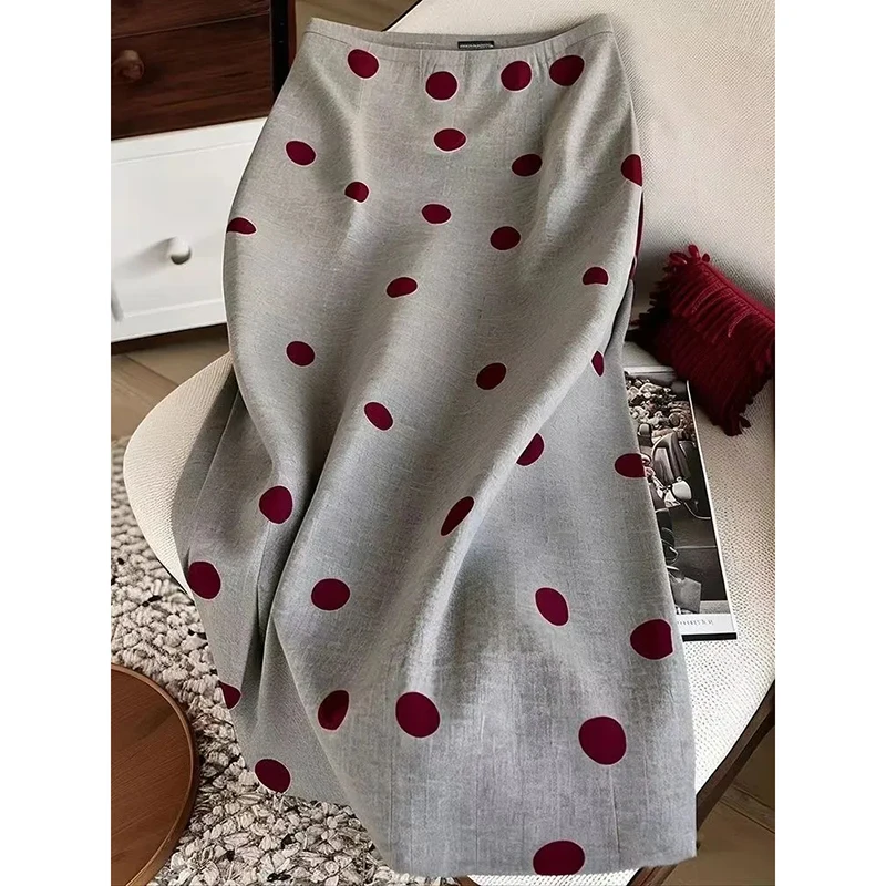 Women Polka Dot Elegant Skirt Grey High Waisted Straight Commuter Skirt Fashion Soft Slim Office Lady Midi Skirt