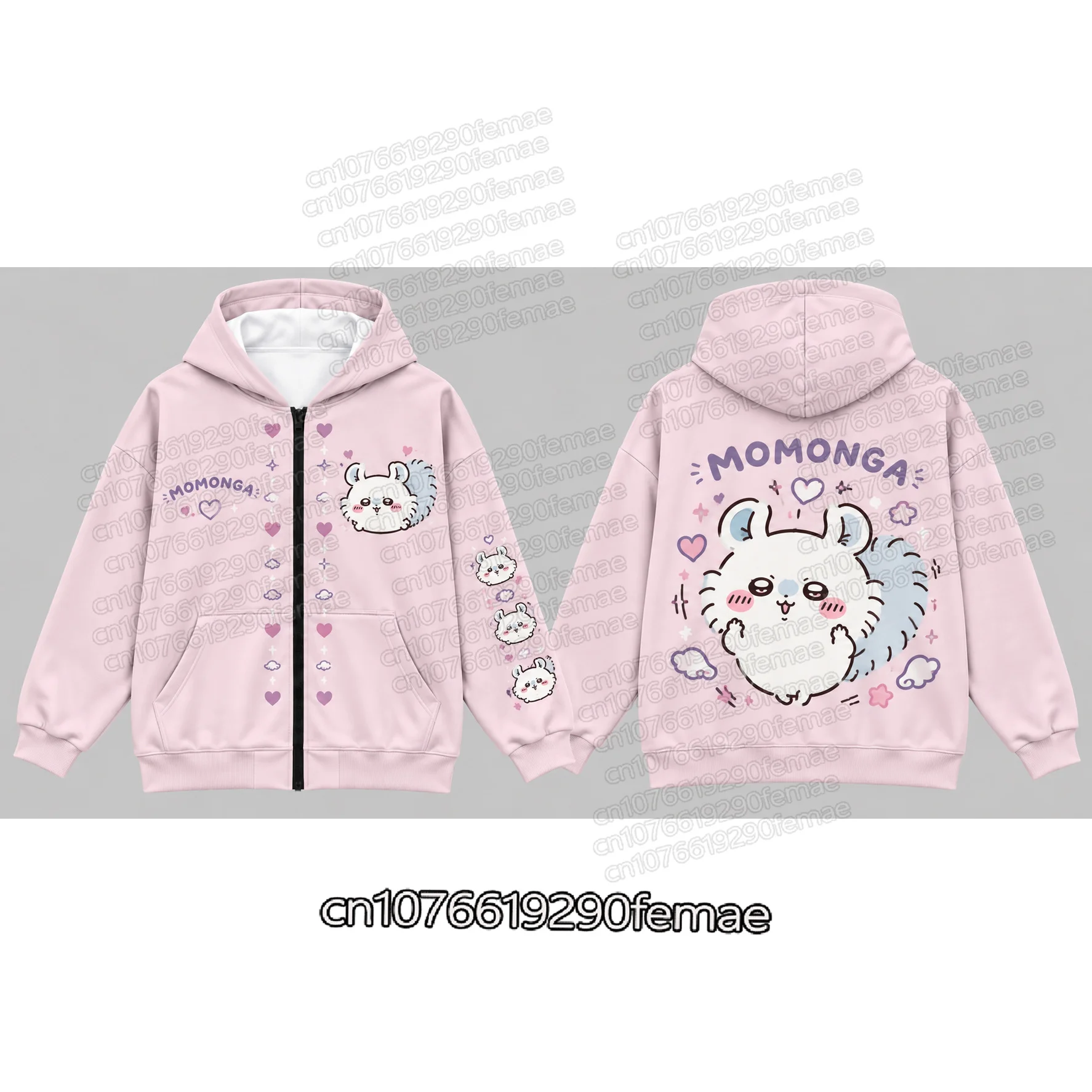Hachiware Chiikawa Blue Zip Up Hoodie Cute Cat Holding Fish Print Boys Girls Cosplay Sweatshirt Spring Fall Jacket Anime Merch view 3