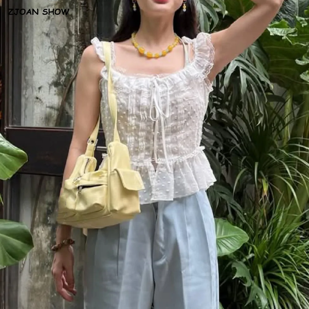 Fashion White Spliced Lace Ruched Ruffles Sleeveless Tank Top Women Summer Bow Square Collar Front Open Buttons Crop Top Pink