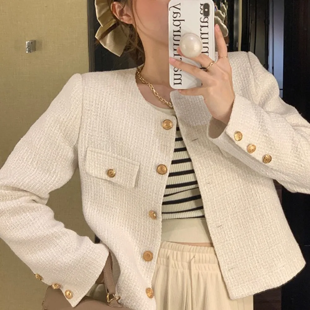 Slim Tweed Cropped Jacket Long Sleeve Temperament Woman Vintage Outerwear Button Streetwear Elegant Short Coats Spring Autumn