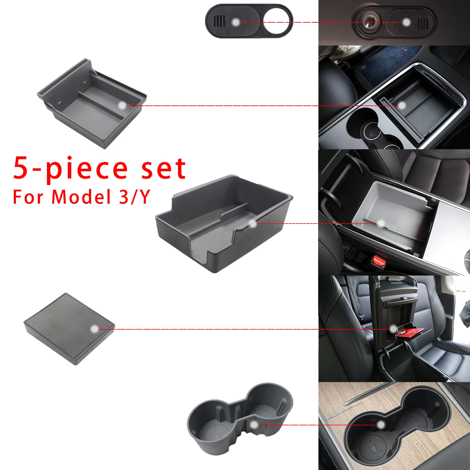 LMTUNING For Tesla 2019-2023 Model 3 Y 5-piece set Storage Box Center Armrest Hidden Box Cup Holder Interior Accessories