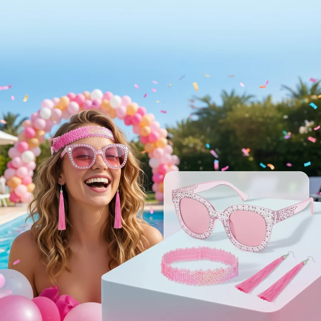 Multicolored Disco Party 3-Piece Set: Rhinestone Star Sunglasses, Sequin Choker, and Fringe Earrings – Retro 70s Prom Accessory