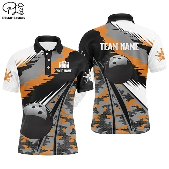 Polo para hombre, camisas de bolos, bola negra personalizada, camuflaje naranja, camiseta del equipo de bolos, regalo para Bowlers, Polos estampados en 3D, camisetas para hombre