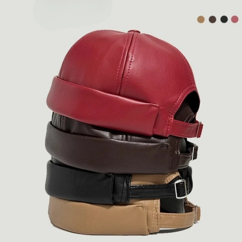 

PU Leather Driver Hat Retro Round Top No Brim Japanese Style Skull Cap for Daily Hiphop Street Fashion Unisex for Men and Women​
