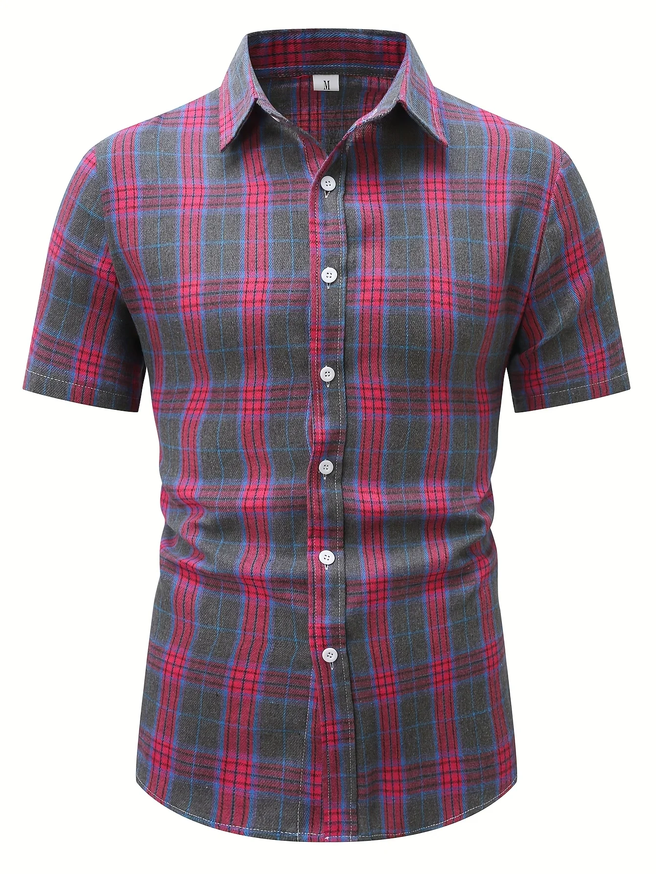Men Red Grey Vintage Plaid Slim Fit Daily Commute Short Sleeve Shirt