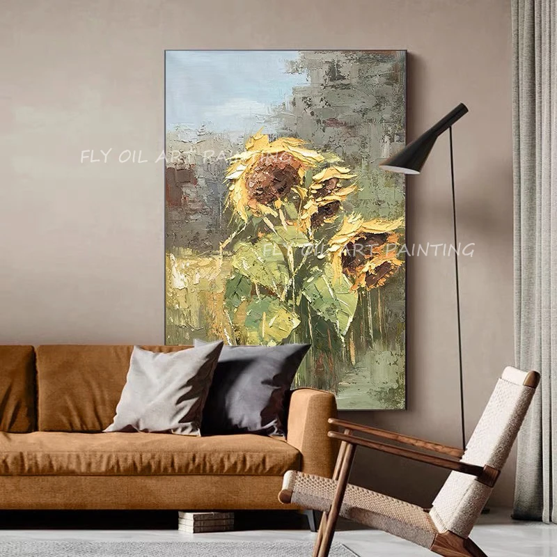 

Handmade sunflower landscape modern thick knife landscape pop design oil painting porch aisle for living room artwork unframe