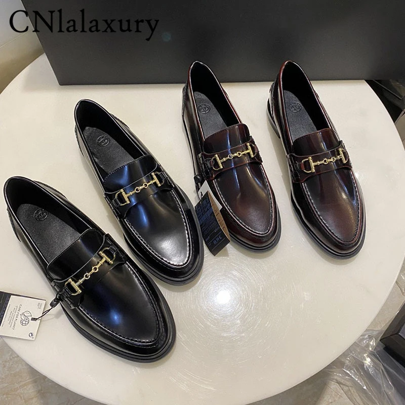 CNlalaxury 2022 New Fashion Women England Style Genuine Leather Flat Slip-On Shoes Casual Metal Buckle Decoration Loafers Female