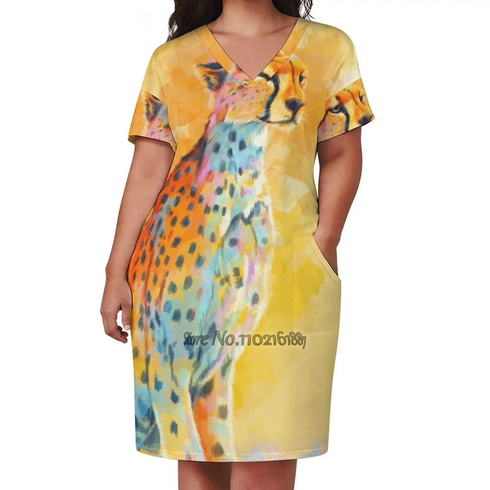 Wild Grace - Cheetah Digital Painting Loose V-Neck Skirt Sexy Short Sleeve Skirt Loose A-Line Dress Light And Breathable Dress