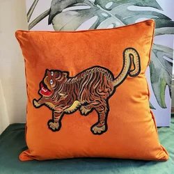 Retro Tiger Pillows Luxury Cushion Cover Orange Green Velvet Patchwork Embroidery Decorative Pillow Cover For Sofa Home Decorate
