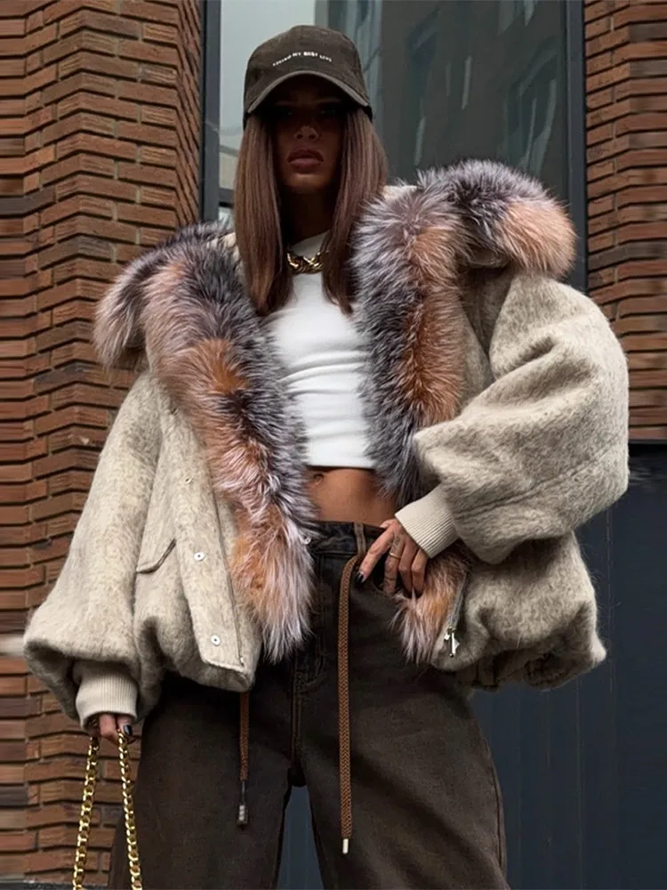 معطف نسائي شتوي كبير الحجم عتيق بياقة من الفرو الصناعي جاكيت بقلنسوة فضفاض بصدر واحد ملابس خارجية 2025 معاطف نسائية عصرية جديدة #6
