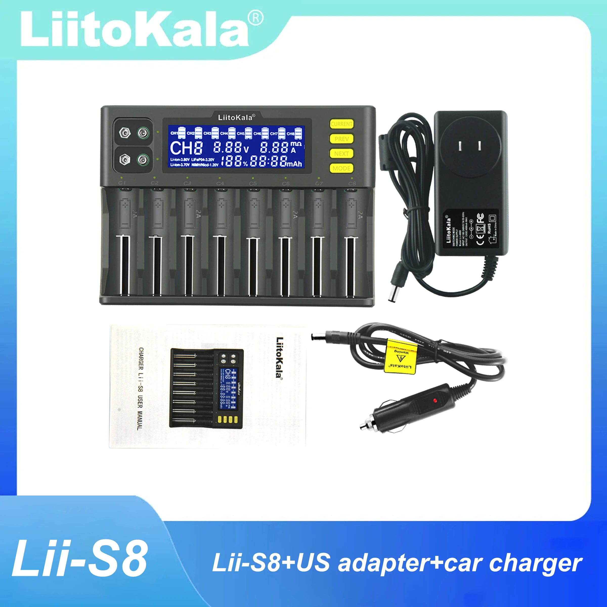 LiitoKala Lii-S8 Universal Battery Charger for 18650 3.7V Li-ion NiMH 1.2V 9V Li-FePO4 3.2V IMR 3.8V 26650 21700 26700 A image 4