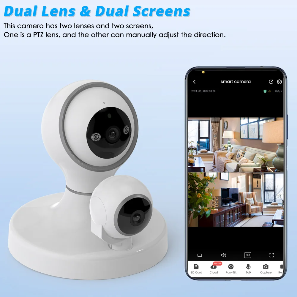 Caméra de surveillance WiFi intelligente sans fil, caméras IP CCTV, caméra de sécurité vidéo HD, moniteur PTZ domestique intérieur, Type-C, objectif touristique, 8MP, 4K, 360 °