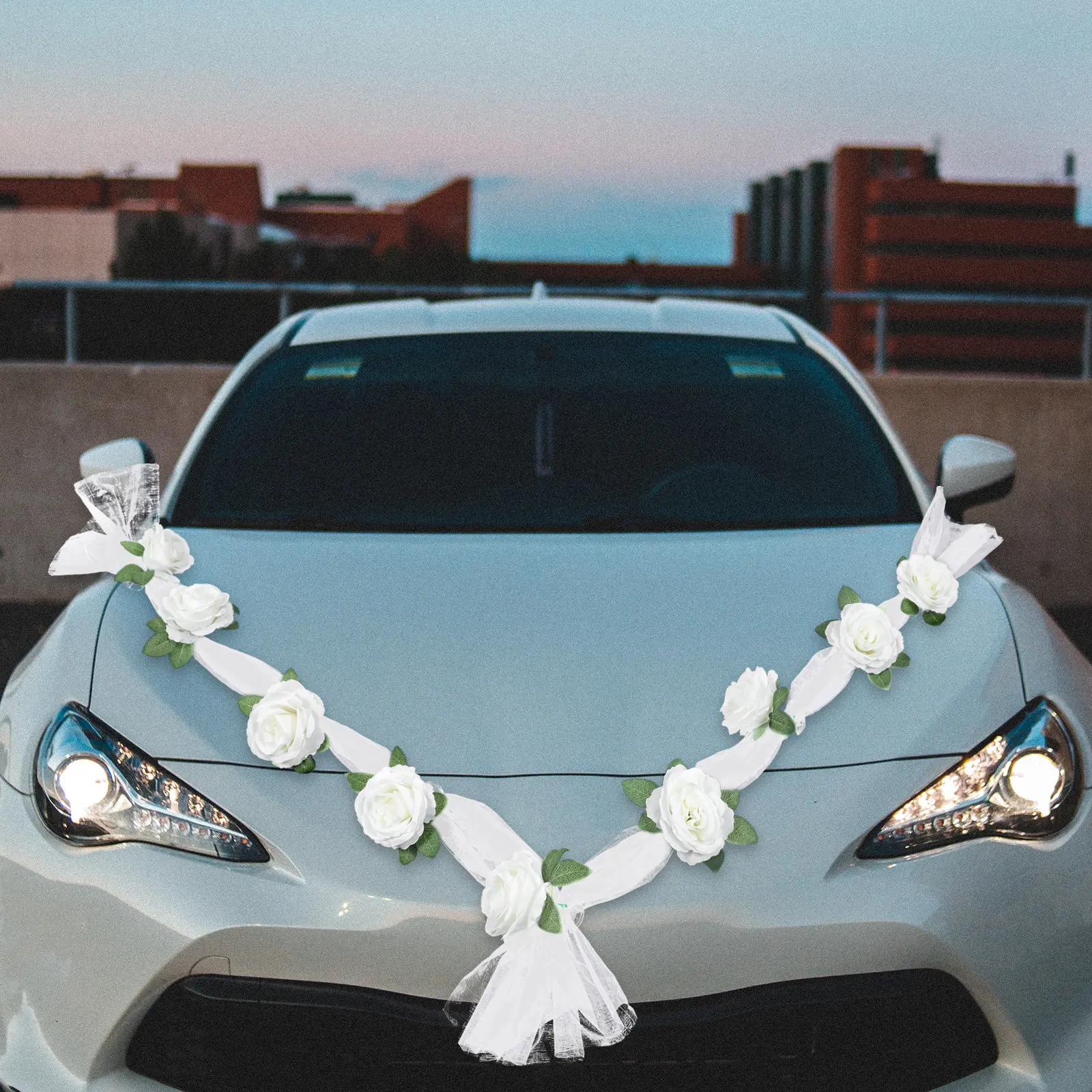 

1 Set Of Artificial White Rose With Gallon For Wedding Car Decor, Fake Flower Ornament, Room Office Church Altar Decoration,