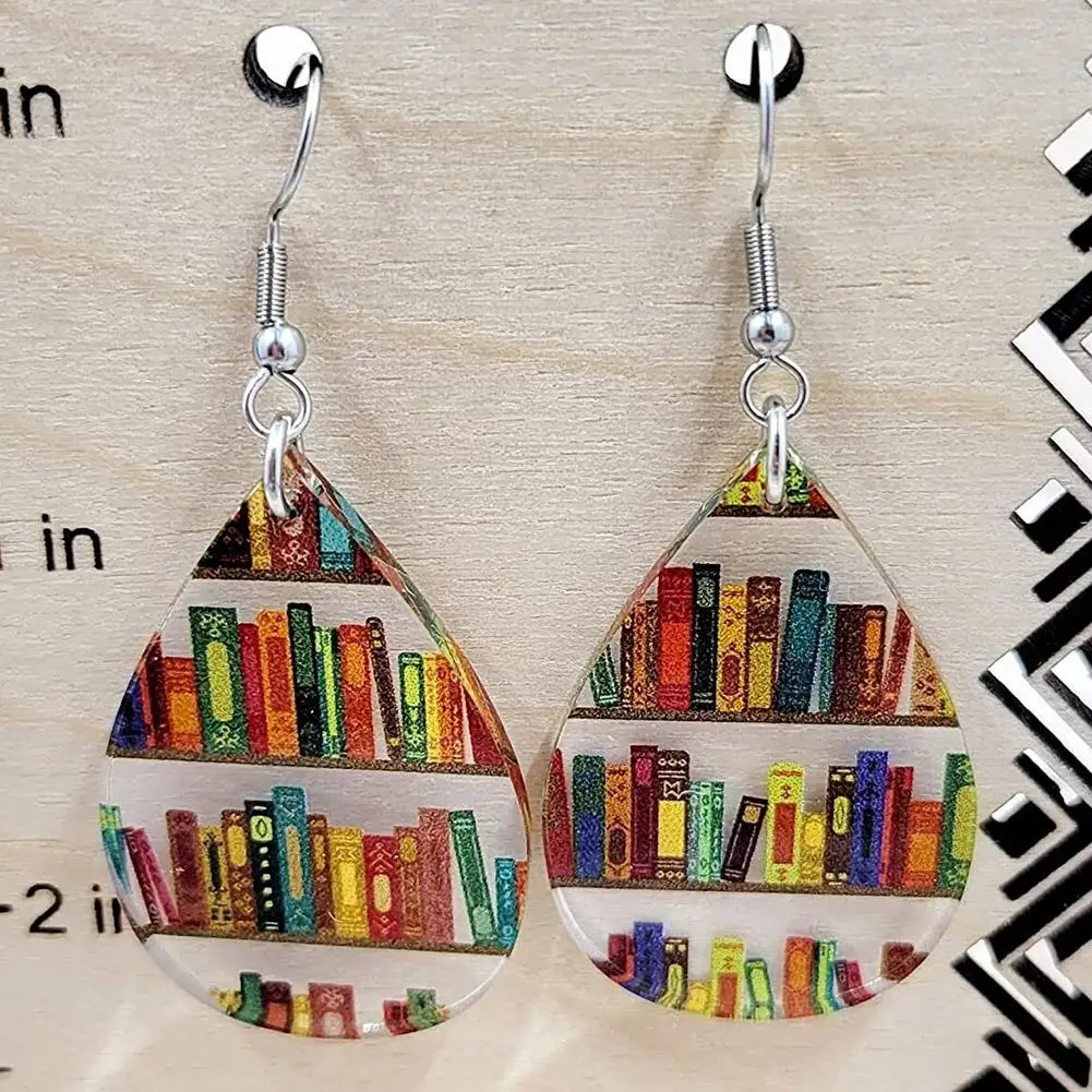 Hot Sale Acrylic Library Bookshelf Print Earrings Fashion Book Lovers Geometry Round Teardrop Wood Pendant Earrings For Woman