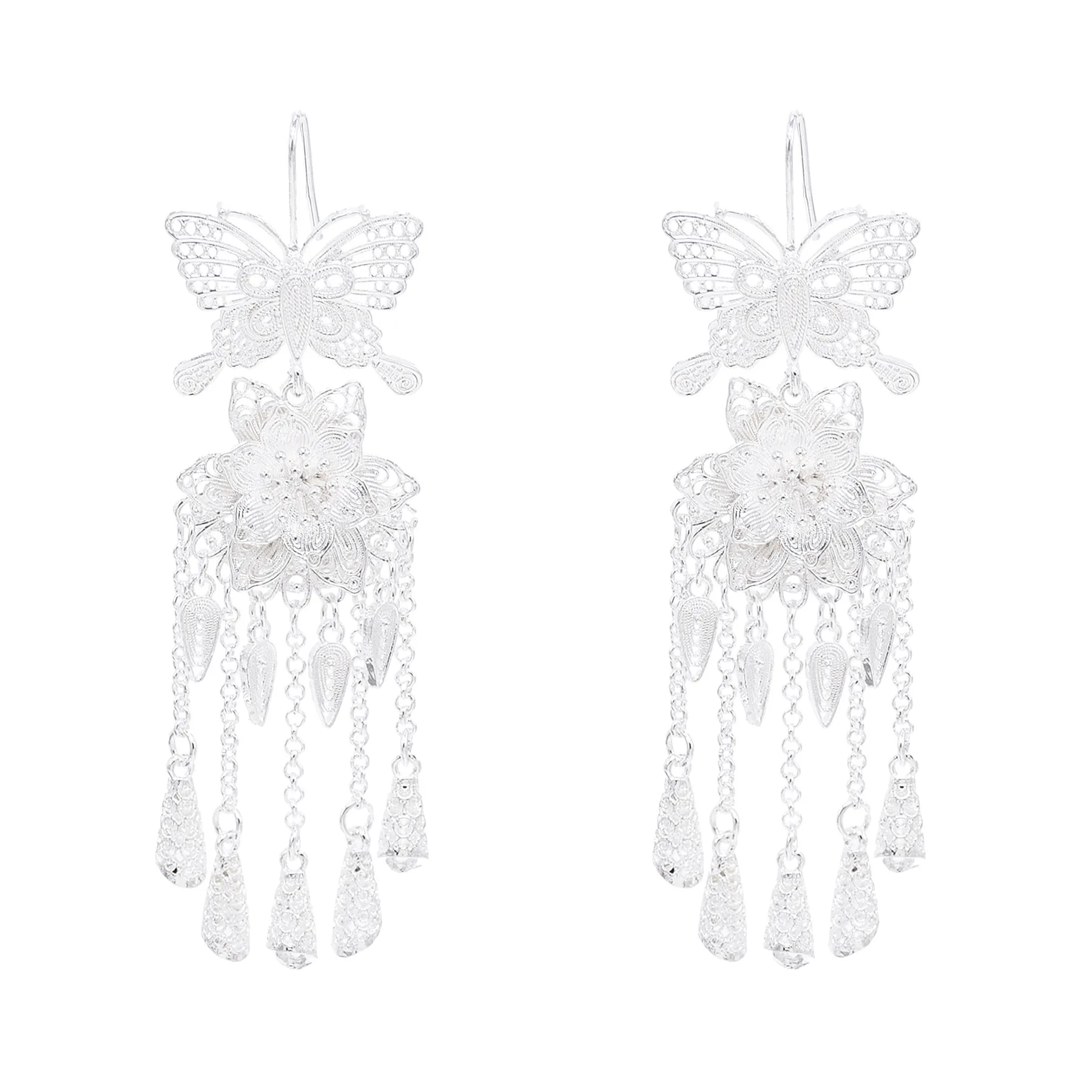 Silver Plated Butterfly Peacock Trumpet Flower Pendant Earrings for Women Traditional Miao Ethnic Long Earring Jewelry Accessory