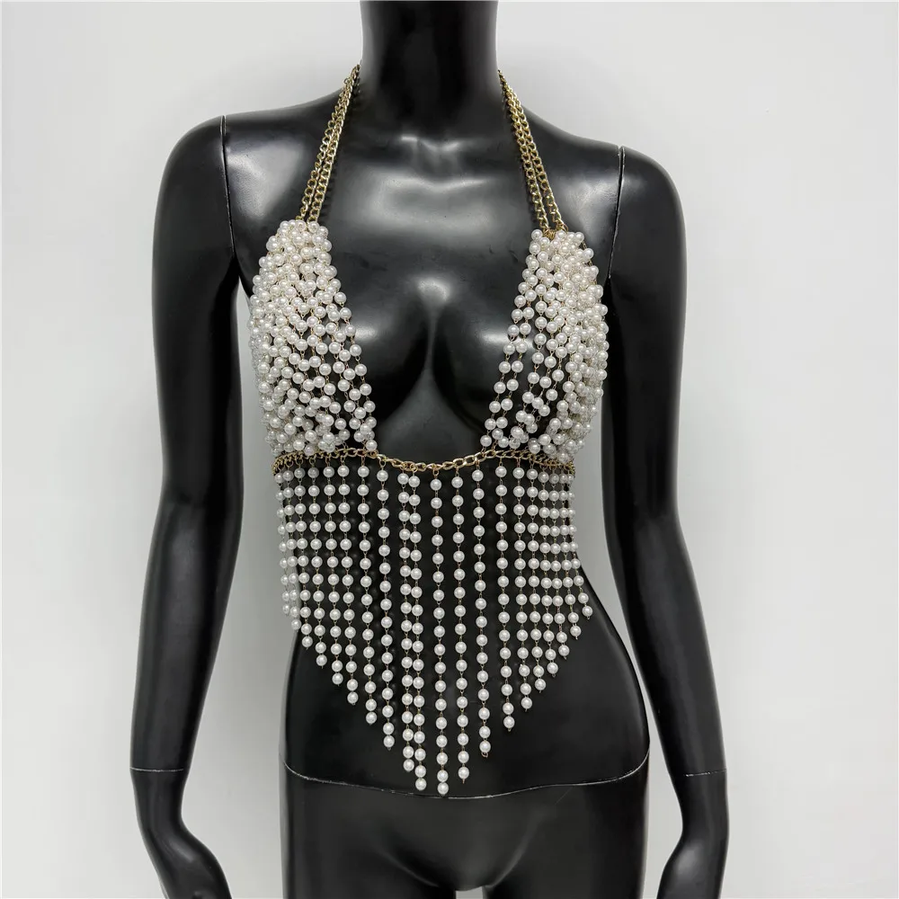 

Элегантный женский топ с жемчужной кисточкой и цепочкой, сексуальный ажурный металлический топ с открытой спиной и лямкой на шее, v-образный вырез, майка для вечеринки, клуба, укороченный топ