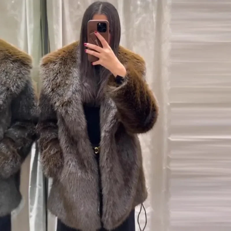 Women's Autumn Winter Commute Clothing Brown with Belt  Artificial Fur Warm Jacket Fashion Lapels Mid Length Styles Plush Coat