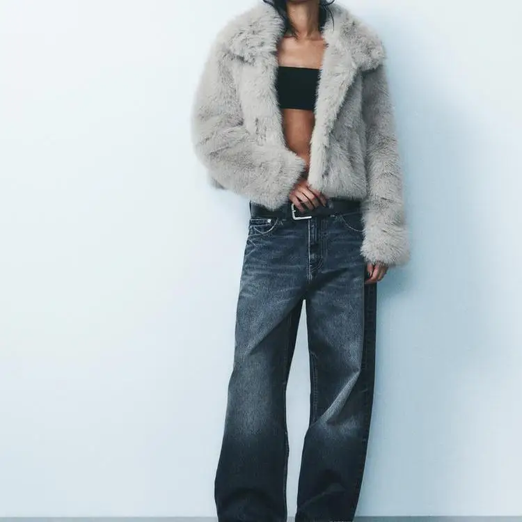 Jesienno-zimowy nowy damski płaszcz z efektem sztucznego futra, długi, ze stójką, kurtka ort Coat Jaet 255768, modna odzież wierzchnia