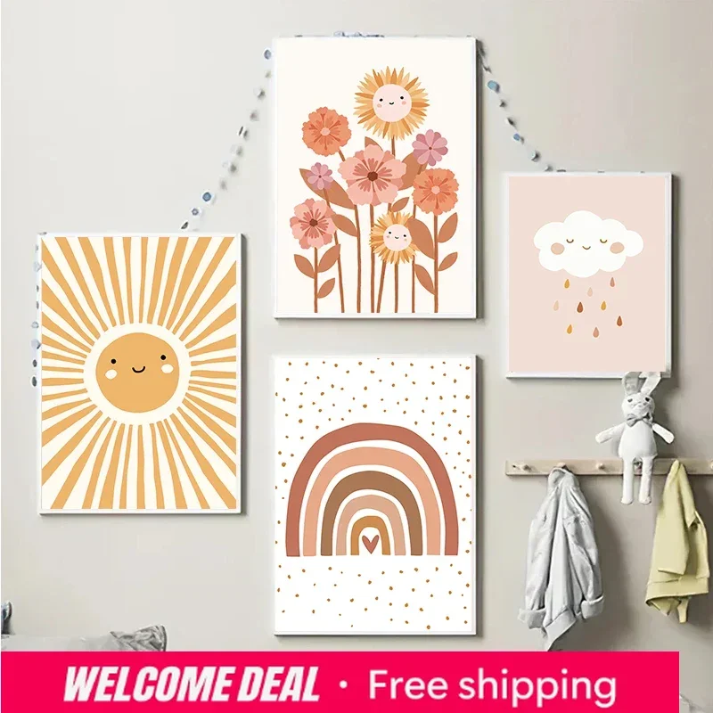 Bunte Regenbogen-Sonne-Wolken-Blumen-Poster-Drucke im Boho-Stil, Wandkunst-Leinwandgemälde für Kinderzimmer, Mädchenzimmer-Dekoration