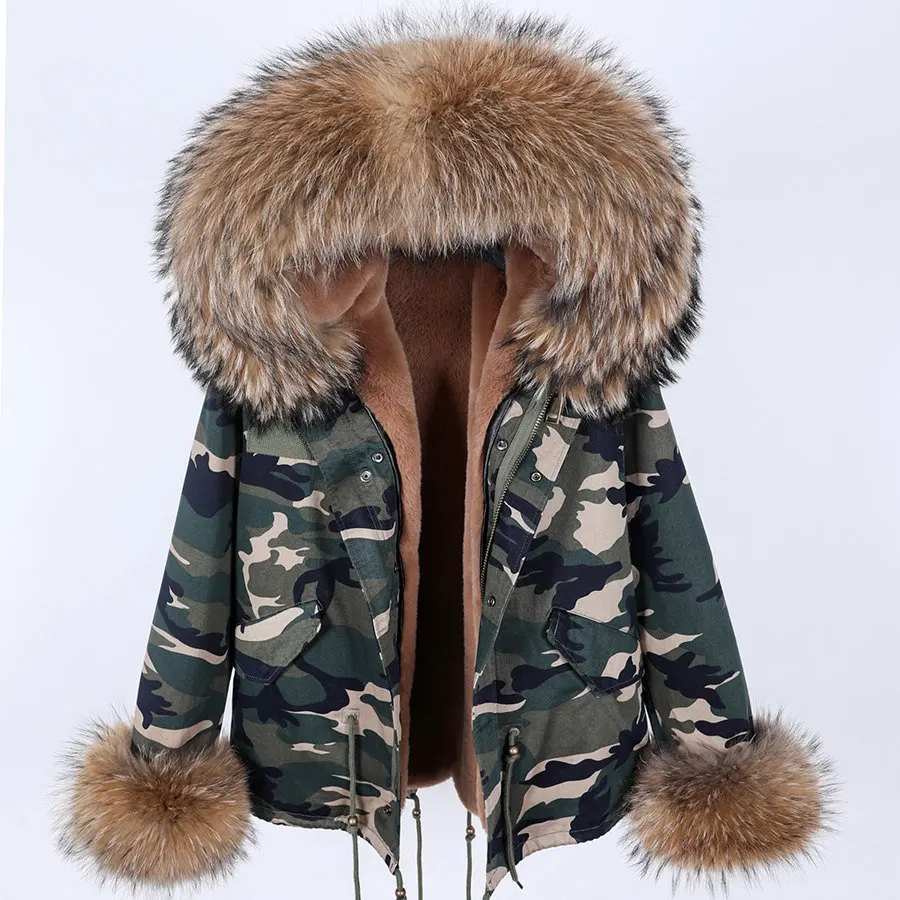 MAOMAOKONG 2024 Add cuff fur Winter Clothes Women Natural fur coat Real Raccoon Fur Collar Parkas Faux Fur Lining Short Jacket