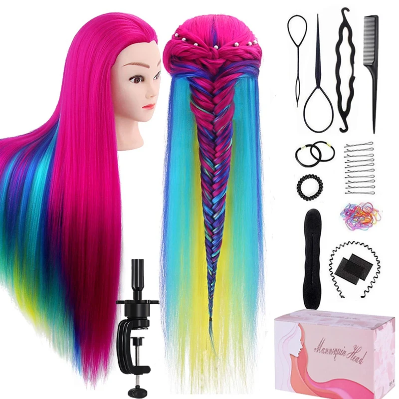 

Красочная голова манекена с длинными синтетическими волосами, кукла, голова манекена для укладки волос, тренировочная голова для парикмахера для практики плетения