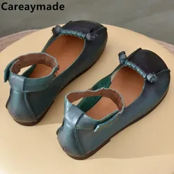 Careaymade-Genuine Leather Ethnic Natural  Loafer Summer Comfy Shallow Women Soft Flats Elastic Casual Square Toe Sewing Shoes