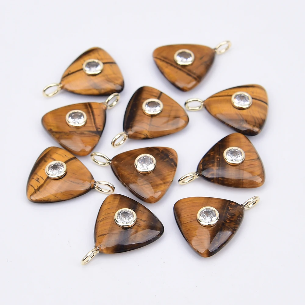 APDGG 5 Pcs 20mm Natural Semi-Precious Stone Yellow Tiger eye CZ Paved Triangle Pendant Beads Jewelry Making DIY