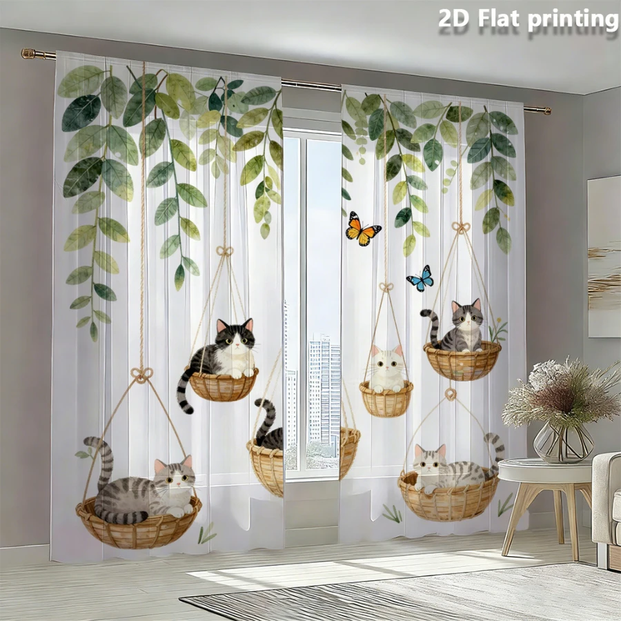 2PCS Digital Print Sheer Curtain, Hanging Basket Cat, Vintage Floral Window Curtains for Living Room Bedroom Home Decor