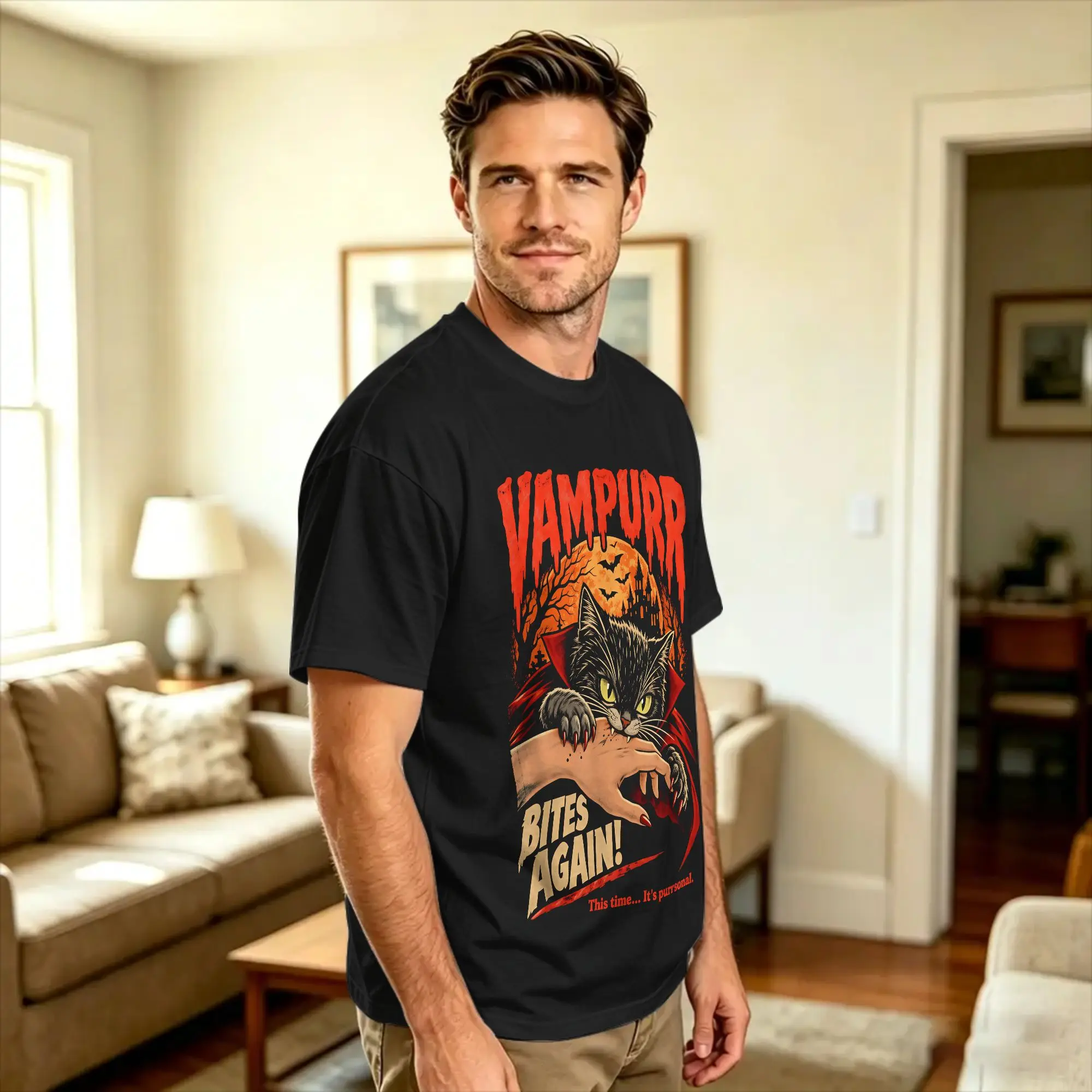 Vampurr Bites Again! Funny Cat Halloween Classic T Shirt Summer  Pure Cotton T Shirts For Man Custom DIY Tee Shirt Short-Sleeved