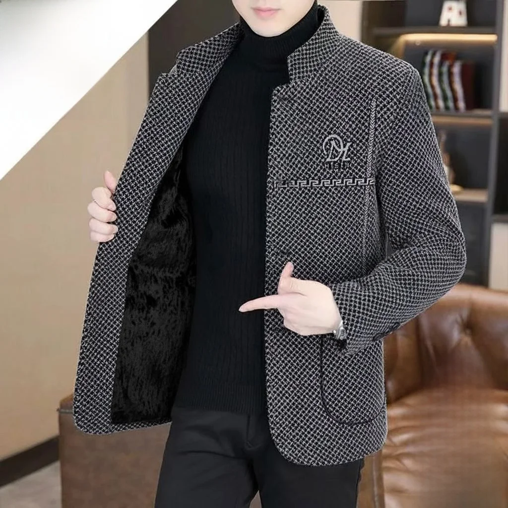 

Мужской шерстяной пиджак с подкладкой, повседневный, с воротником-стойкой, осенне-зимняя новинка, верхняя одежда для мужчин среднего возраста