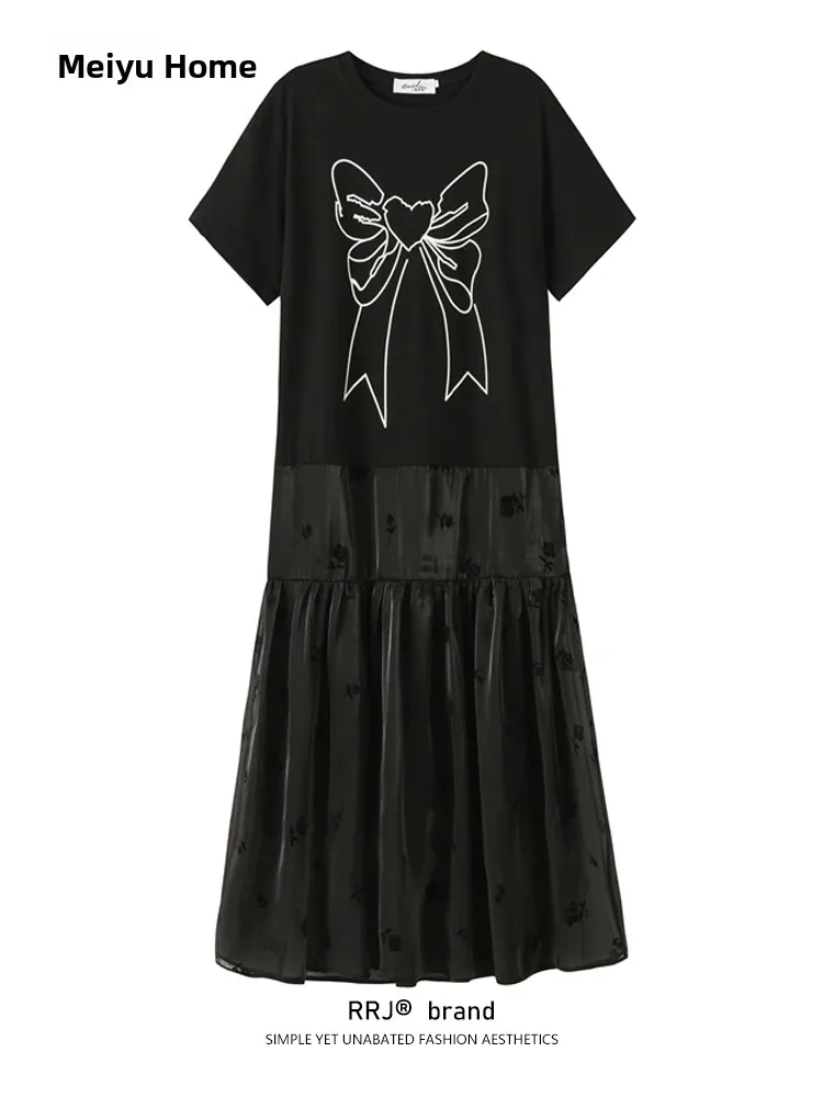 T-shirt Long à nœud d'été pour femmes, taille ample, épissage ort Sve, mélange de coton, jupe gâteau coréenne