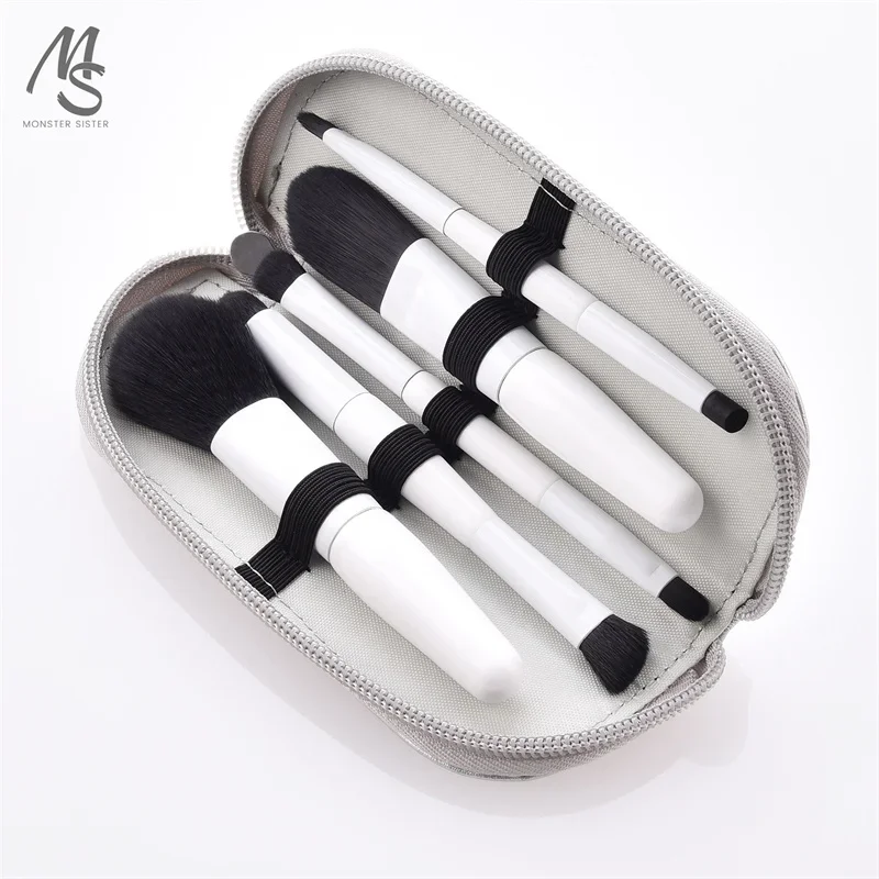 High Quality Mini Makeup Brush Set 5Pcs Portable Eyeshadow Foundation Blush Blender Concealer Beauty Makeup Bag White & Black