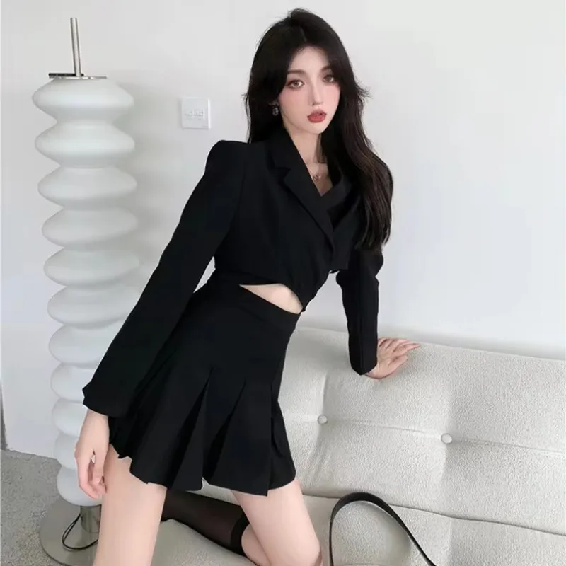 UNXX Skirt Suits Spring Autumn Retro Casual Cross Tie Blazer Pleated Skirt Set Black Short Suit + Mini Skirt Two-piece Set Women