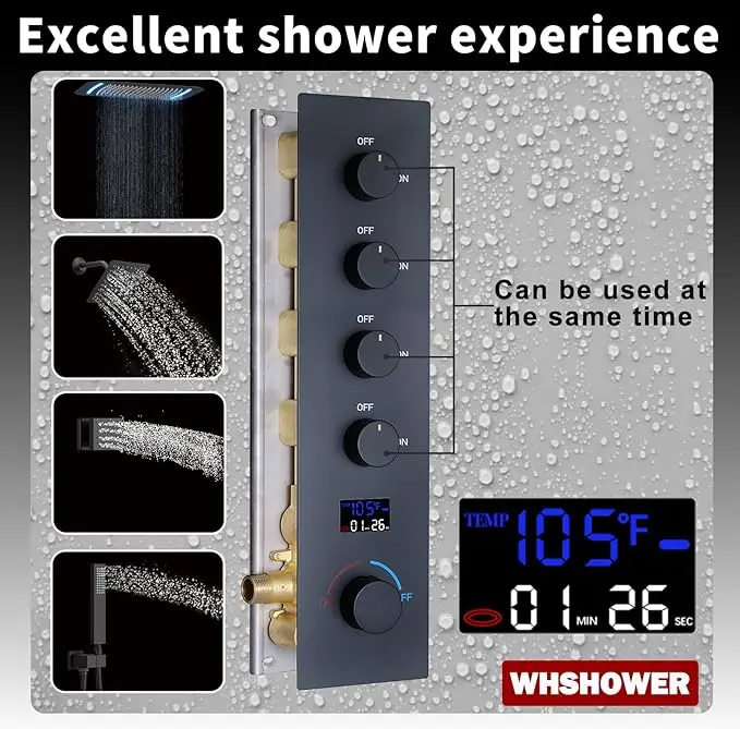 شاشة ديجيتال مجموعة دش نظام يده دش الجسم الطائرات الأمطار رئيس ماتي الأسود نحى الذهب مجموعة دش الحمام