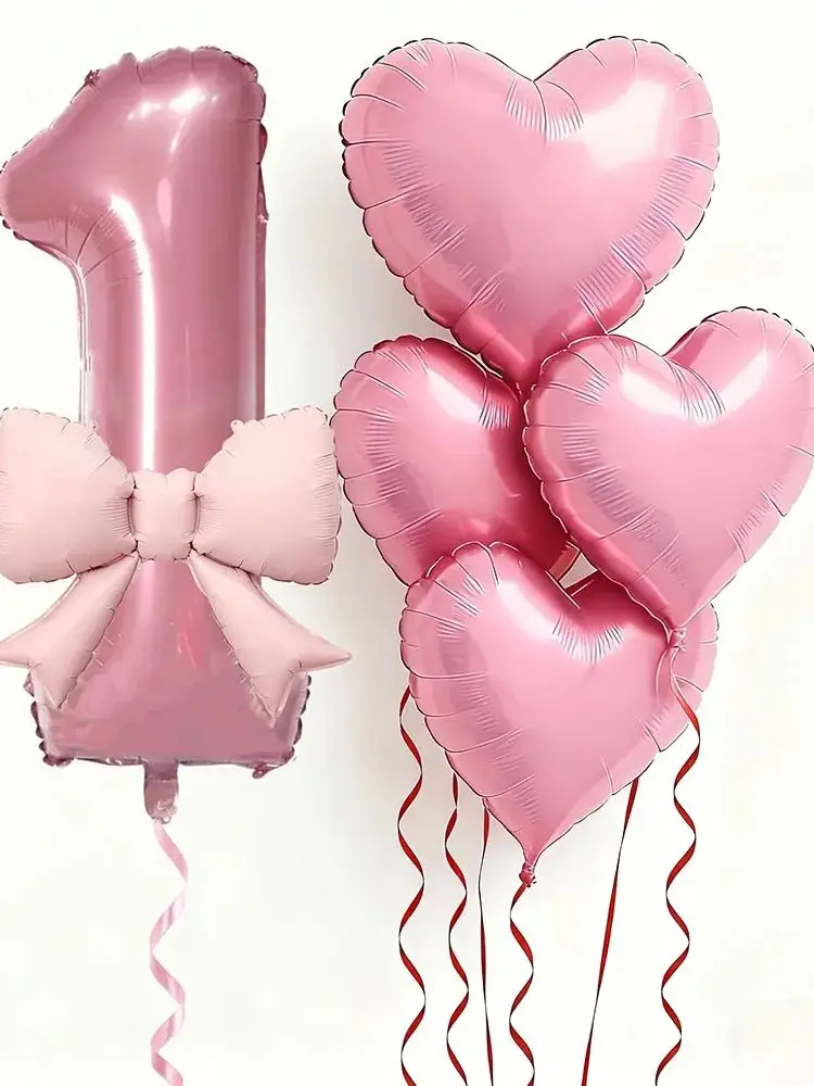 6 Stück rosa Schleifen-Herzballons mit 32 Zoll großen rosa Zahlenfolienballons für Geburtstagsfeiern, Hochzeiten, Verlobungen, Jubiläen, Dekoration