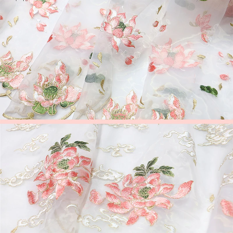 

Chinese Style Soft Embroidery Lotus Flower Lace Fabric Organza Tulle Fabric For Diy Hanfu Dress Shirts Doll Cloth Sewing Craft