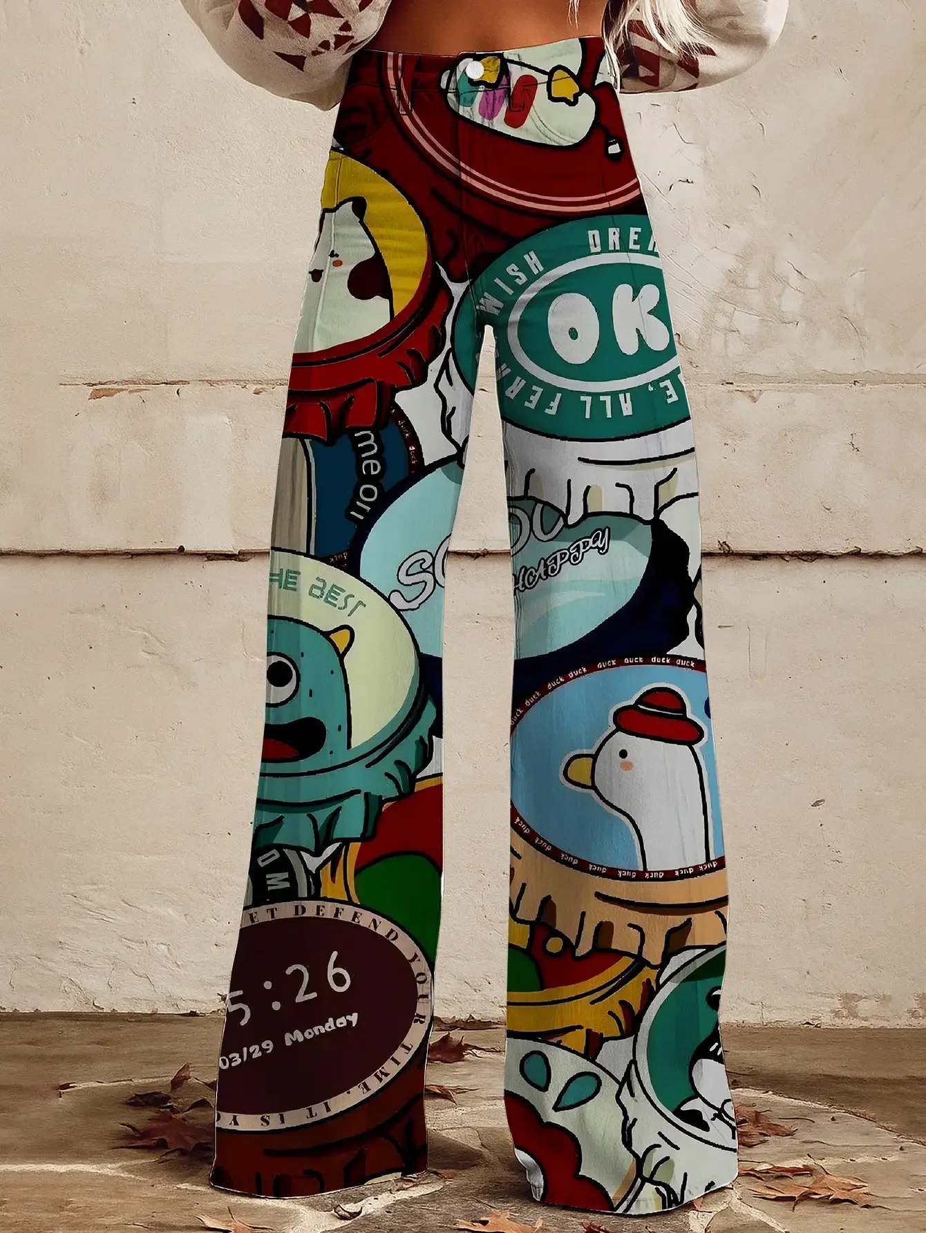  2026 Ladies' fashionable casual wide leg jeans, washed elastic denim, Cute cartoon pattern