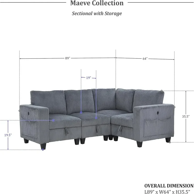 

Вельветовый секционный диван с сумками для хранения и зарядным портом, 4-местный L-образный диван для мебели для гостиной