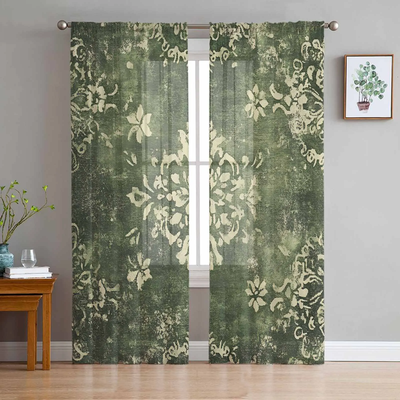 Geometric Ethnic Oriental Green Light Yellow  Sheer Curtains for Living Room Bedroom Home Hotel Decor Chiffon Tulle Curtains