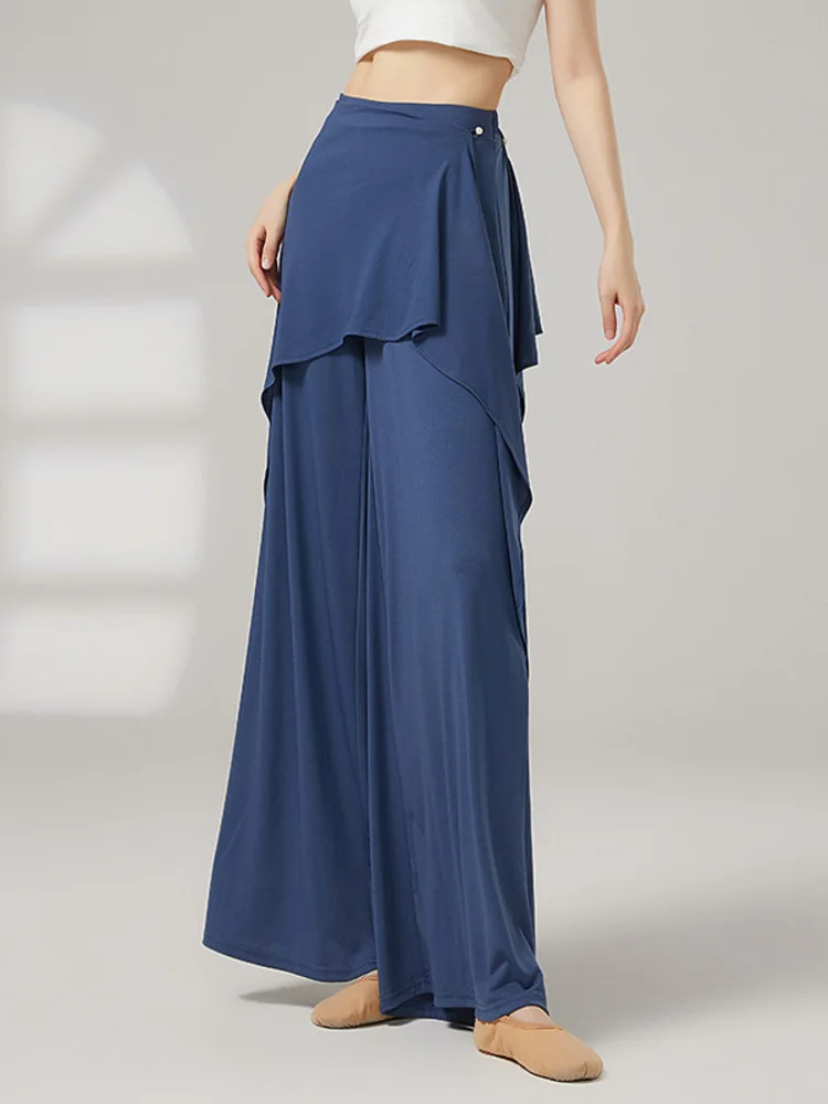 سراويل رقص باليه فضفاضة عالية الخصر للسيدات، سراويل واسعة الساق بلون سادة ذات طبقات من قطعتين لأداء التدريب