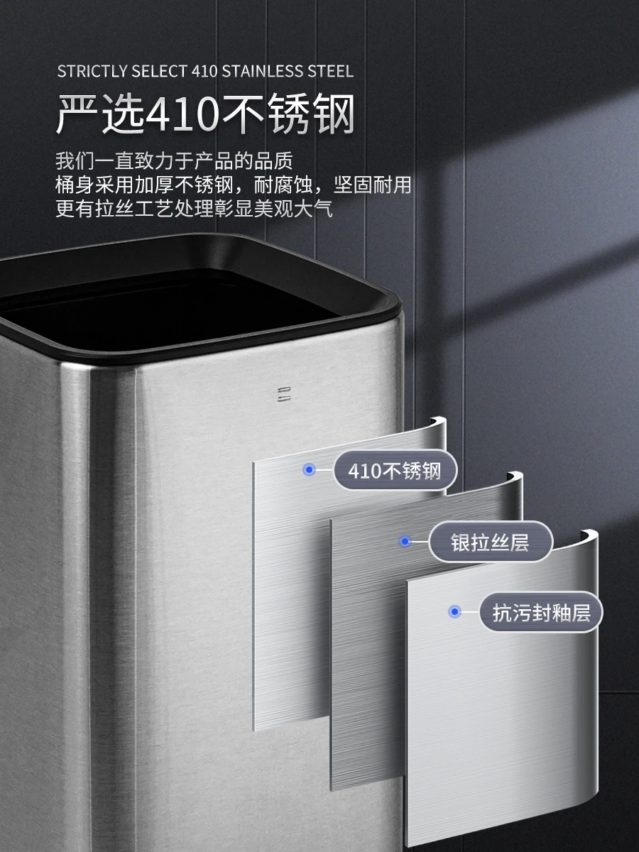 Trash can GNF stainless steel without lid square home kitchen, living room, bathroom double layer