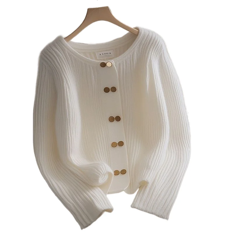 

Chic Button White Knit Sweater Women Autumn 2025 Long Sleeved Solid Color Top Lazy Style Round Neck All-matched